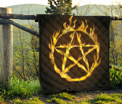Flaming Pentagram Symbol Print Quilt