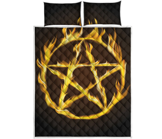 Flaming Pentagram Symbol Print Quilt Bed Set