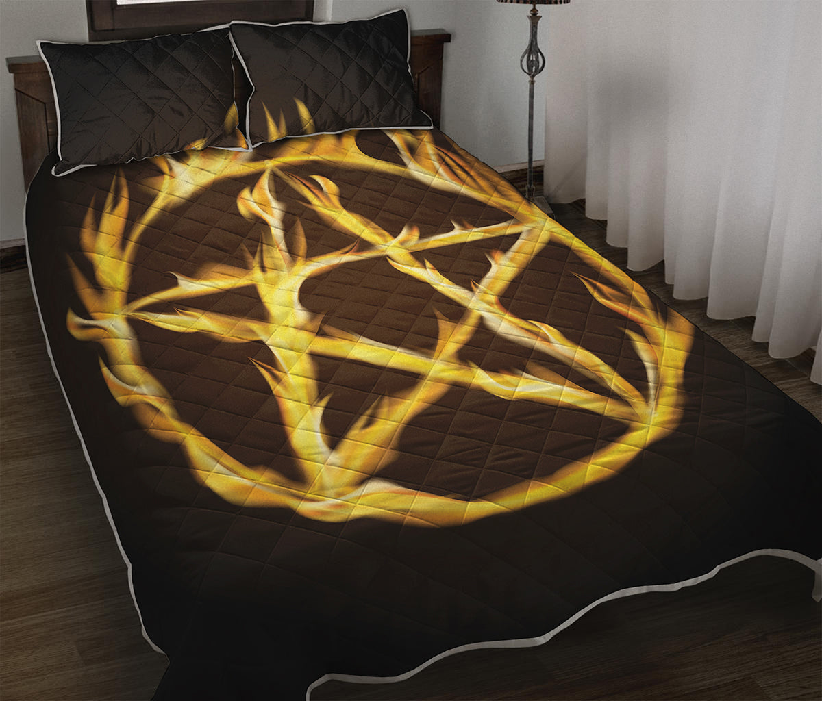 Flaming Pentagram Symbol Print Quilt Bed Set