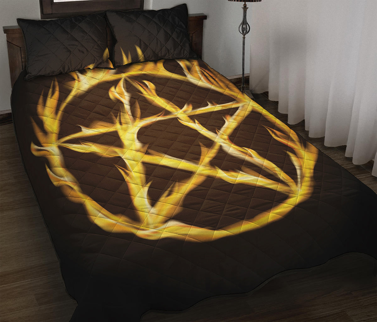 Flaming Pentagram Symbol Print Quilt Bed Set