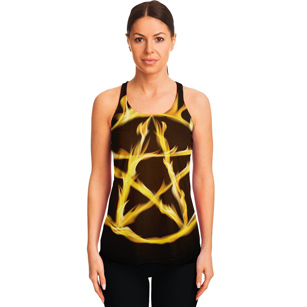 Flaming Pentagram Symbol Print Women's Racerback Tank Top