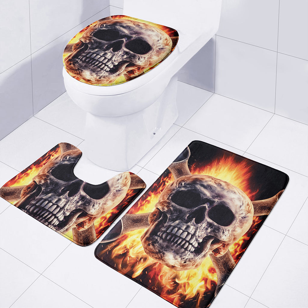 Flaming Skull And Cross Wrench Print 3 Piece Bath Mat Set