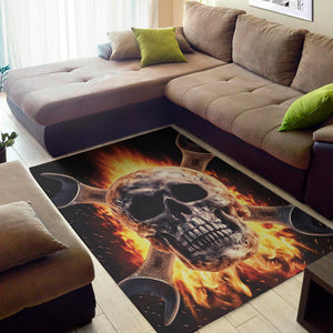 Flaming Skull And Cross Wrench Print Area Rug