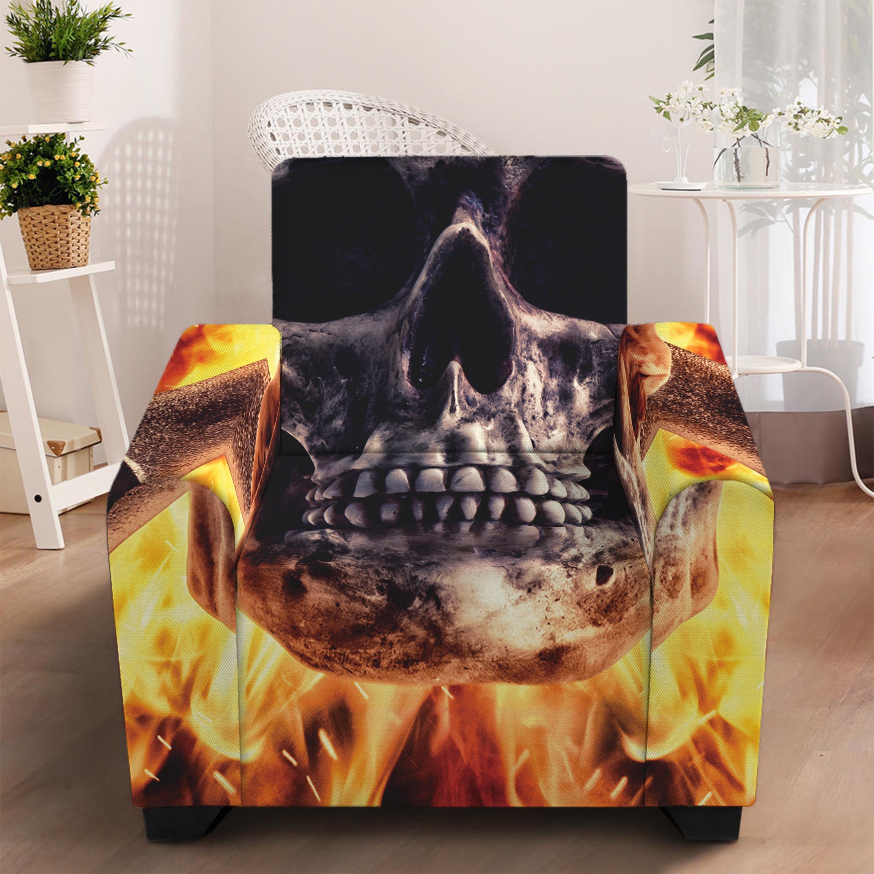 Flaming Skull And Cross Wrench Print Armchair Slipcover