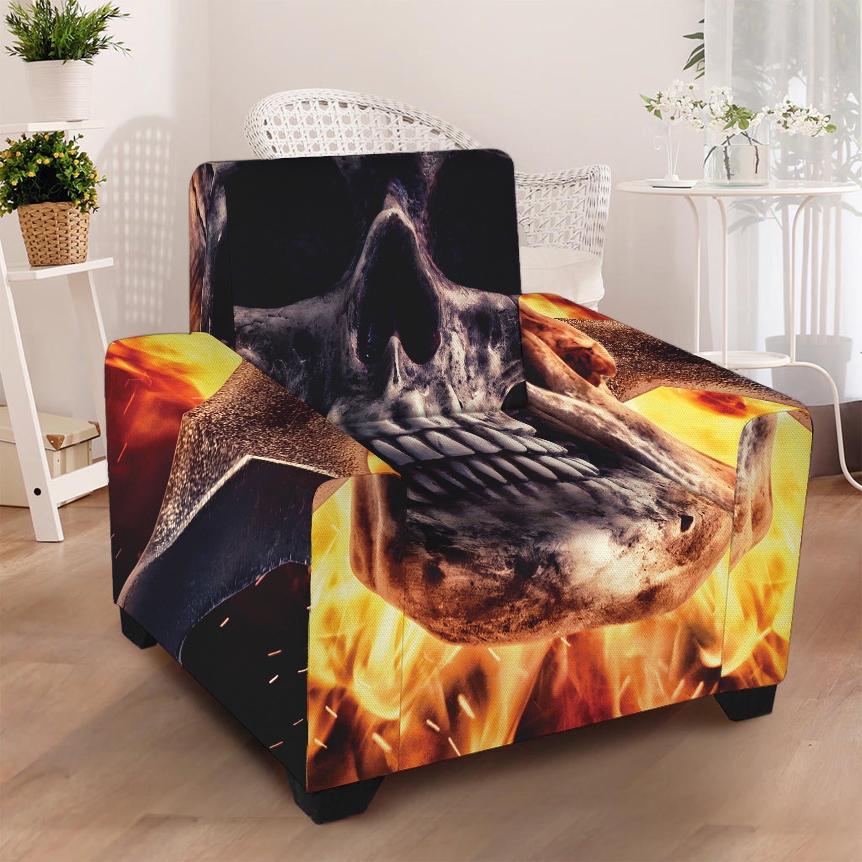 Flaming Skull And Cross Wrench Print Armchair Slipcover