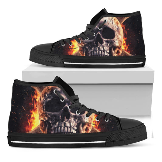 Flaming Skull And Cross Wrench Print Black High Top Shoes
