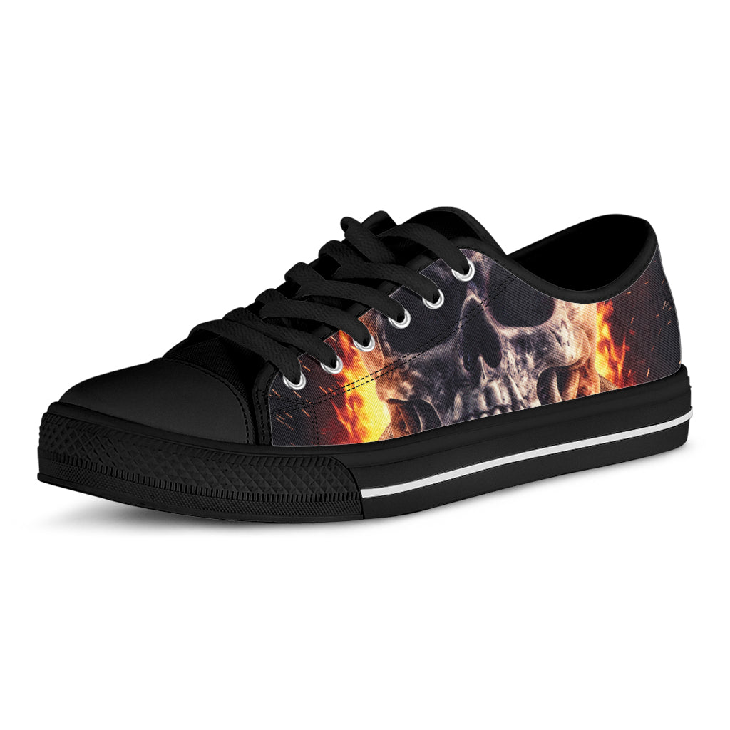 Flaming Skull And Cross Wrench Print Black Low Top Shoes 