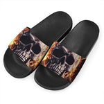 Flaming Skull And Cross Wrench Print Black Slide Sandals