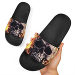 Flaming Skull And Cross Wrench Print Black Slide Sandals