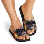 Flaming Skull And Cross Wrench Print Black Slide Sandals