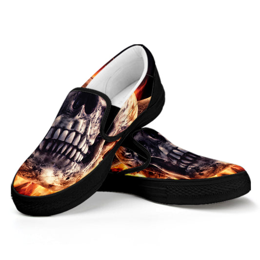 Flaming Skull And Cross Wrench Print Black Slip On Shoes