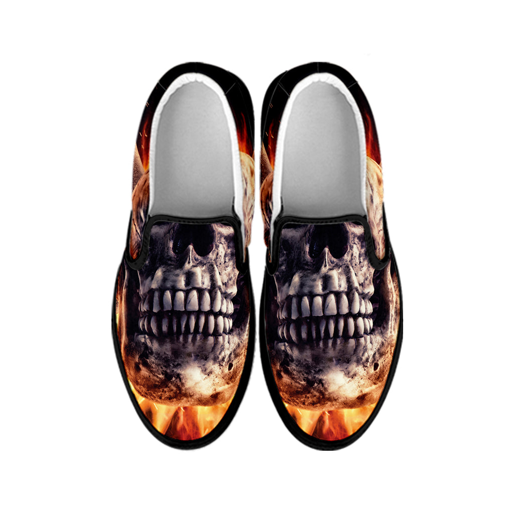 Flaming Skull And Cross Wrench Print Black Slip On Shoes