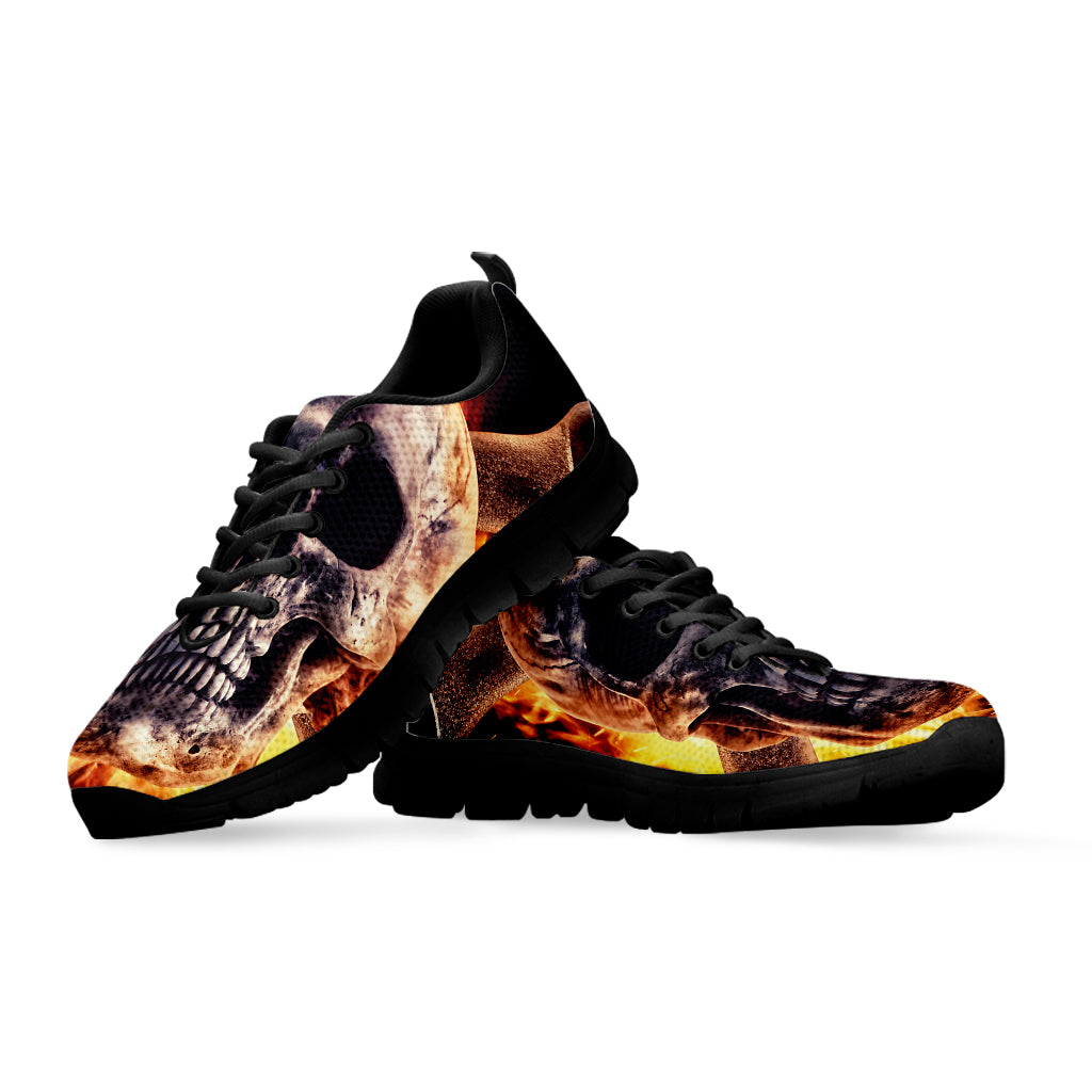 Flaming Skull And Cross Wrench Print Black Sneakers
