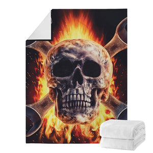 Flaming Skull And Cross Wrench Print Blanket