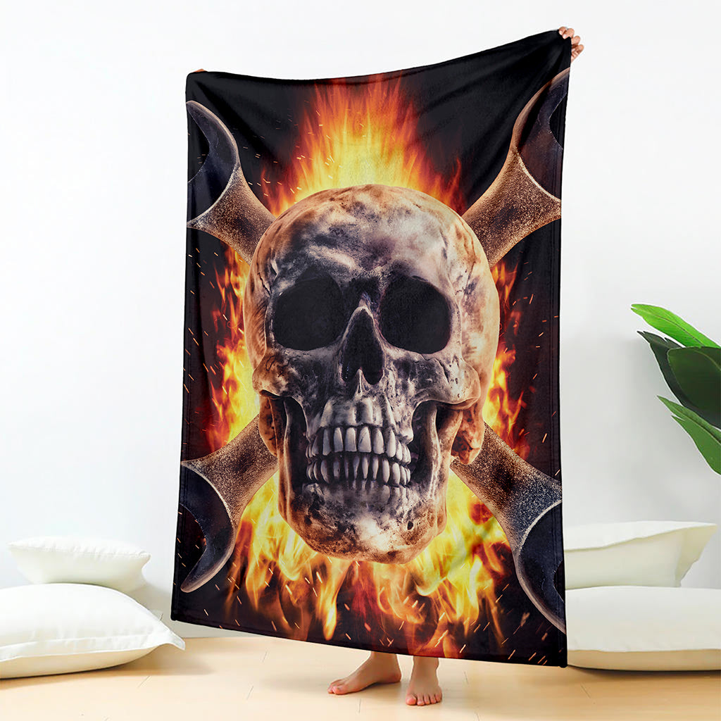 Flaming Skull And Cross Wrench Print Blanket