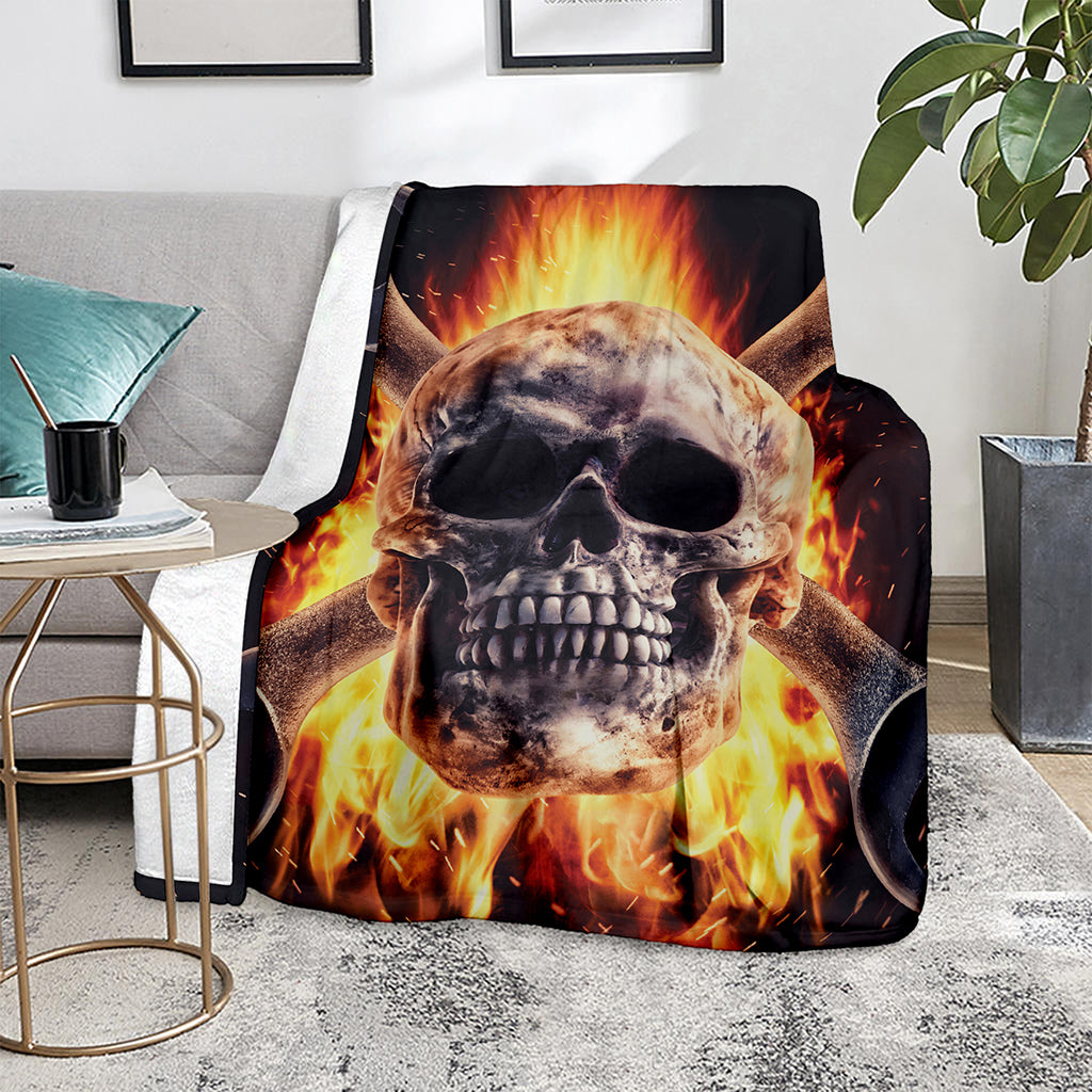 Flaming Skull And Cross Wrench Print Blanket