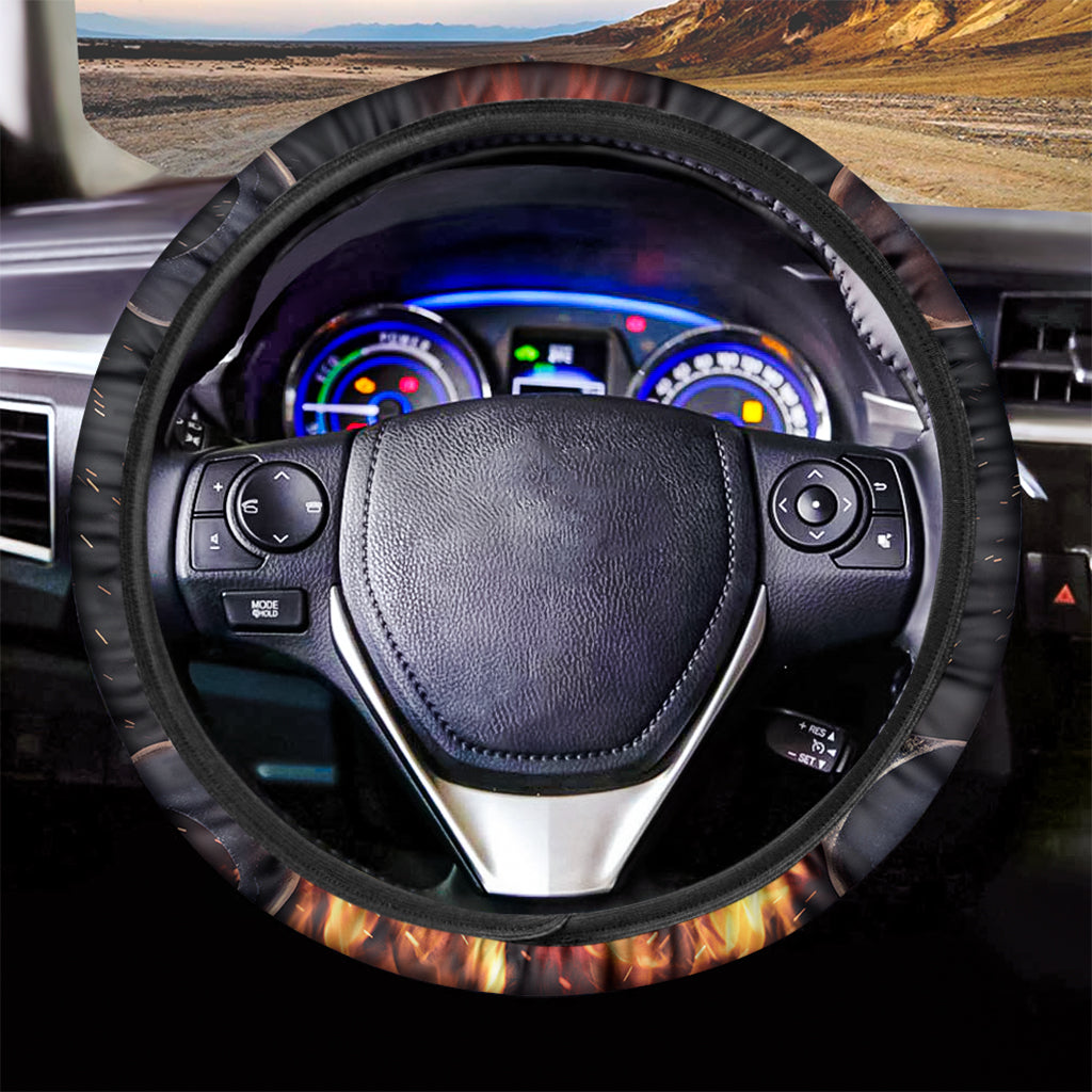 Flaming Skull And Cross Wrench Print Car Steering Wheel Cover