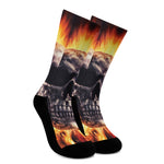 Flaming Skull And Cross Wrench Print Crew Socks