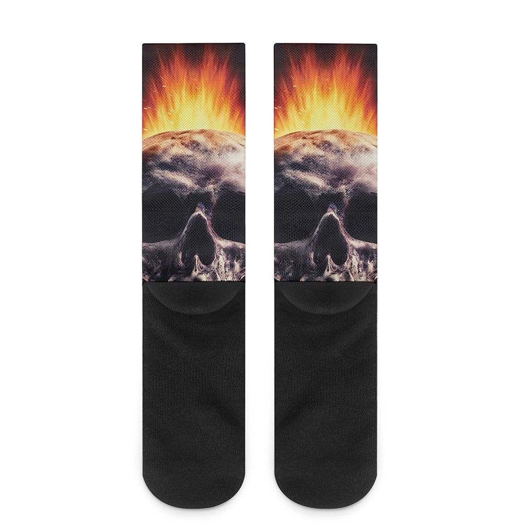 Flaming Skull And Cross Wrench Print Crew Socks