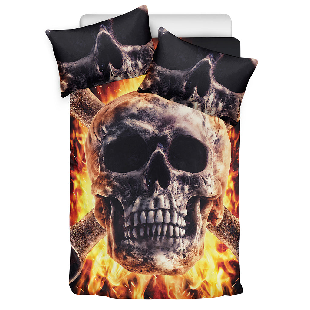 Flaming Skull And Cross Wrench Print Duvet Cover Bedding Set