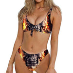 Flaming Skull And Cross Wrench Print Front Bow Tie Bikini