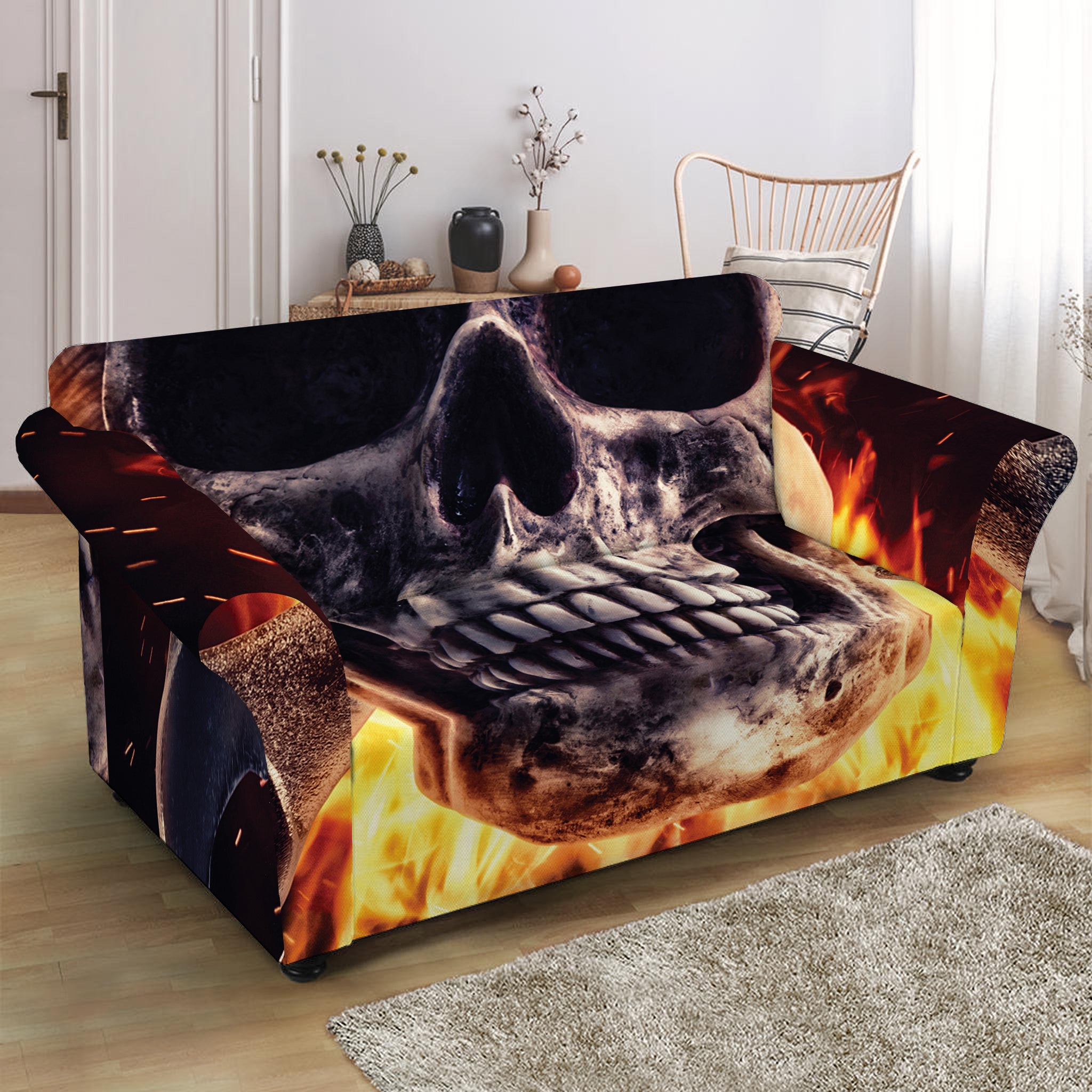 Flaming Skull And Cross Wrench Print Loveseat Slipcover