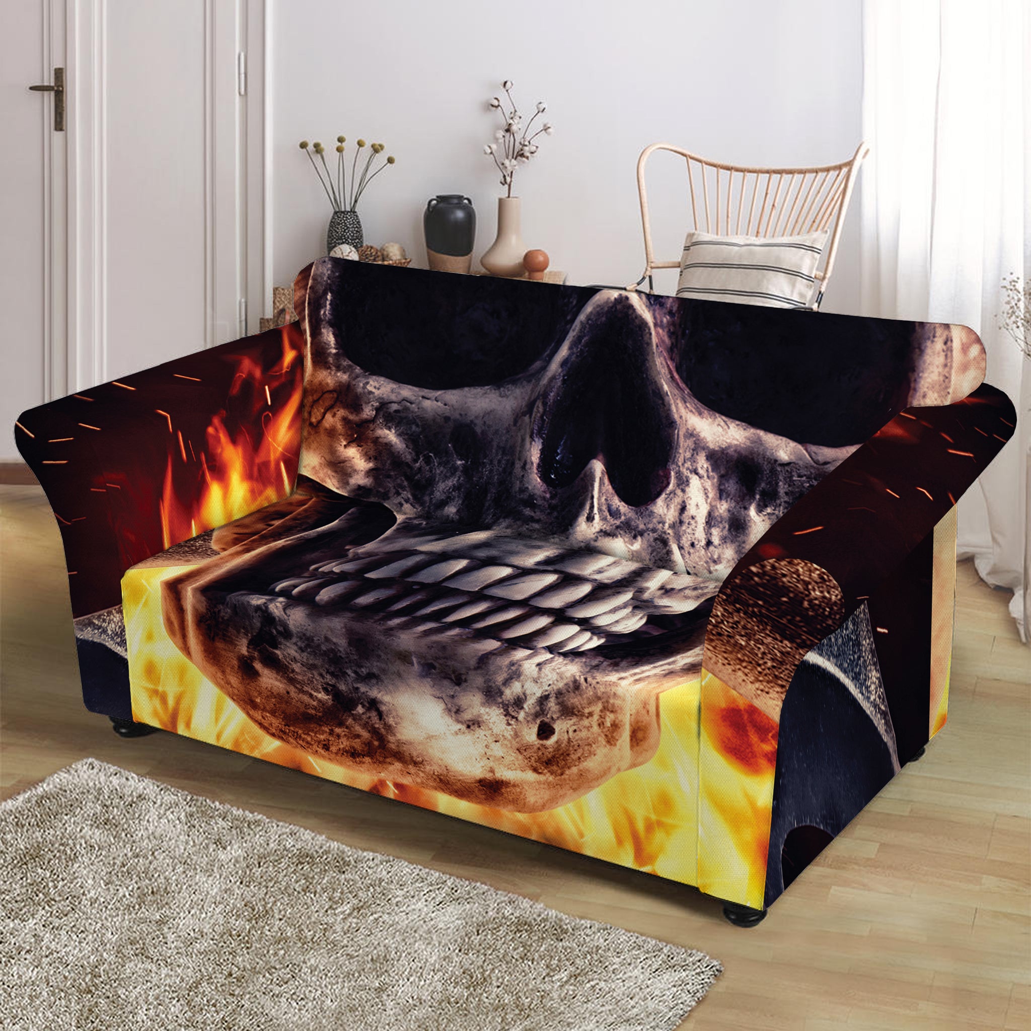 Flaming Skull And Cross Wrench Print Loveseat Slipcover