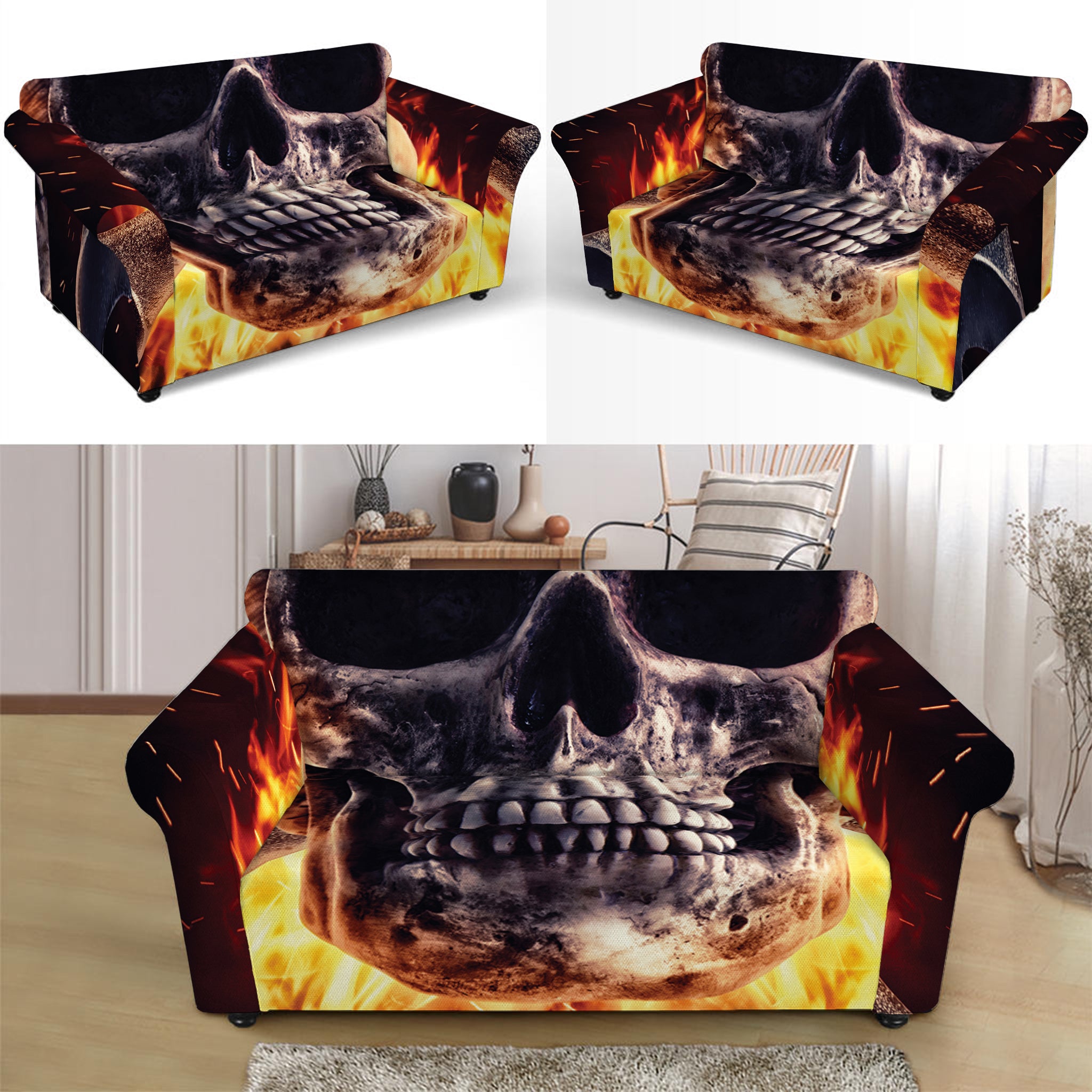 Flaming Skull And Cross Wrench Print Loveseat Slipcover