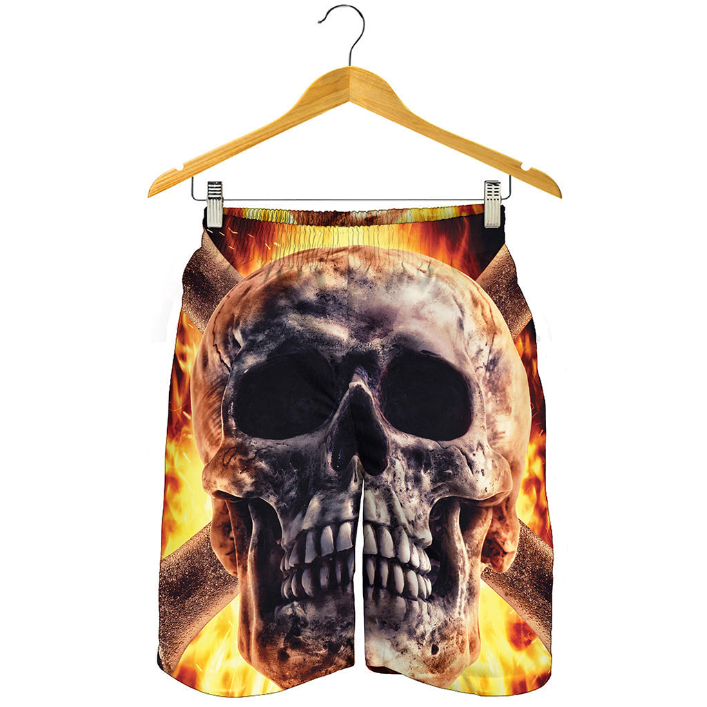 Flaming Skull And Cross Wrench Print Men's Shorts