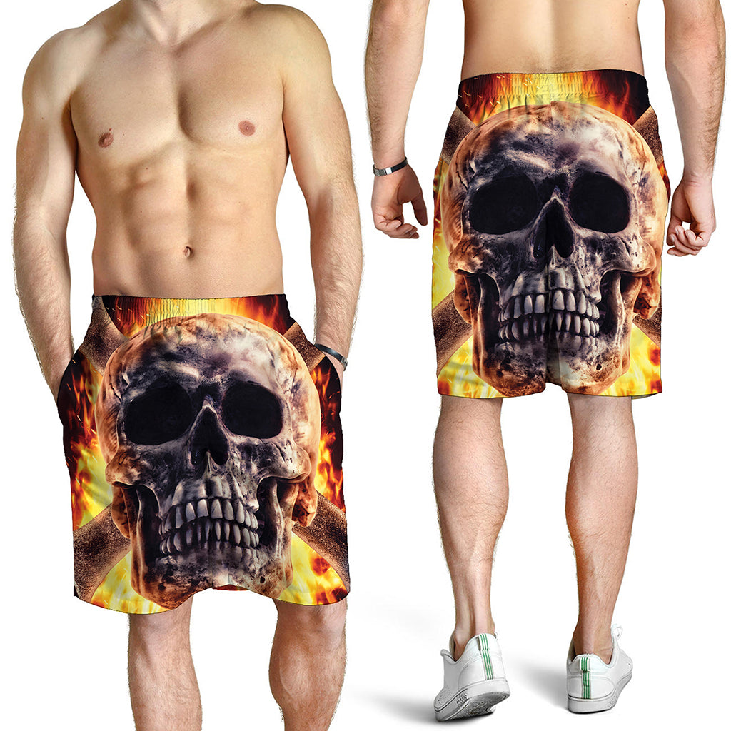 Flaming Skull And Cross Wrench Print Men's Shorts