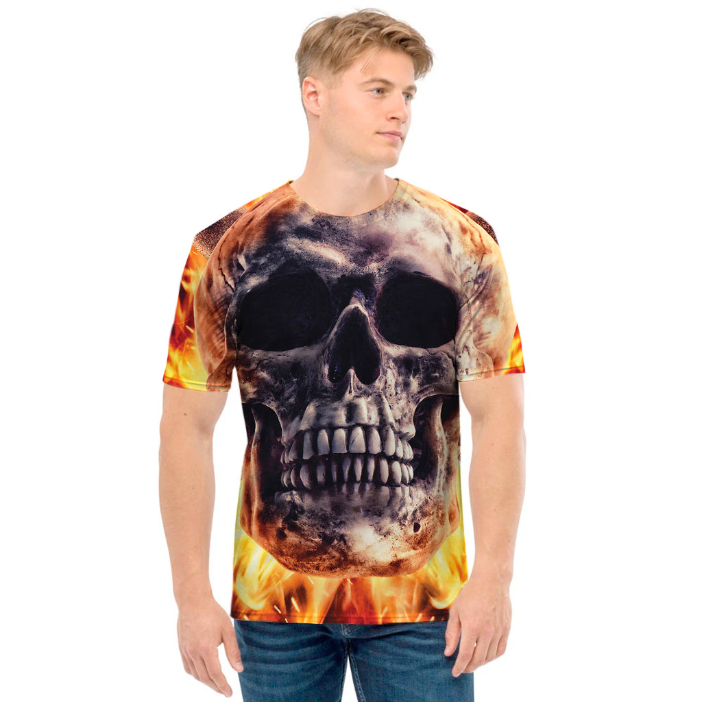 Flaming Skull And Cross Wrench Print Men's T-Shirt