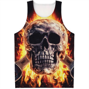 Flaming Skull And Cross Wrench Print Men's Tank Top