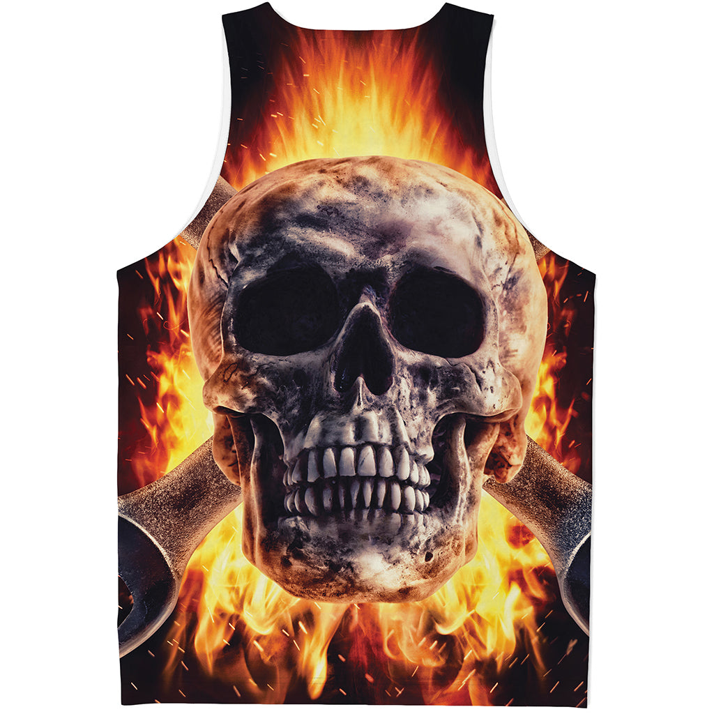 Flaming Skull And Cross Wrench Print Men's Tank Top