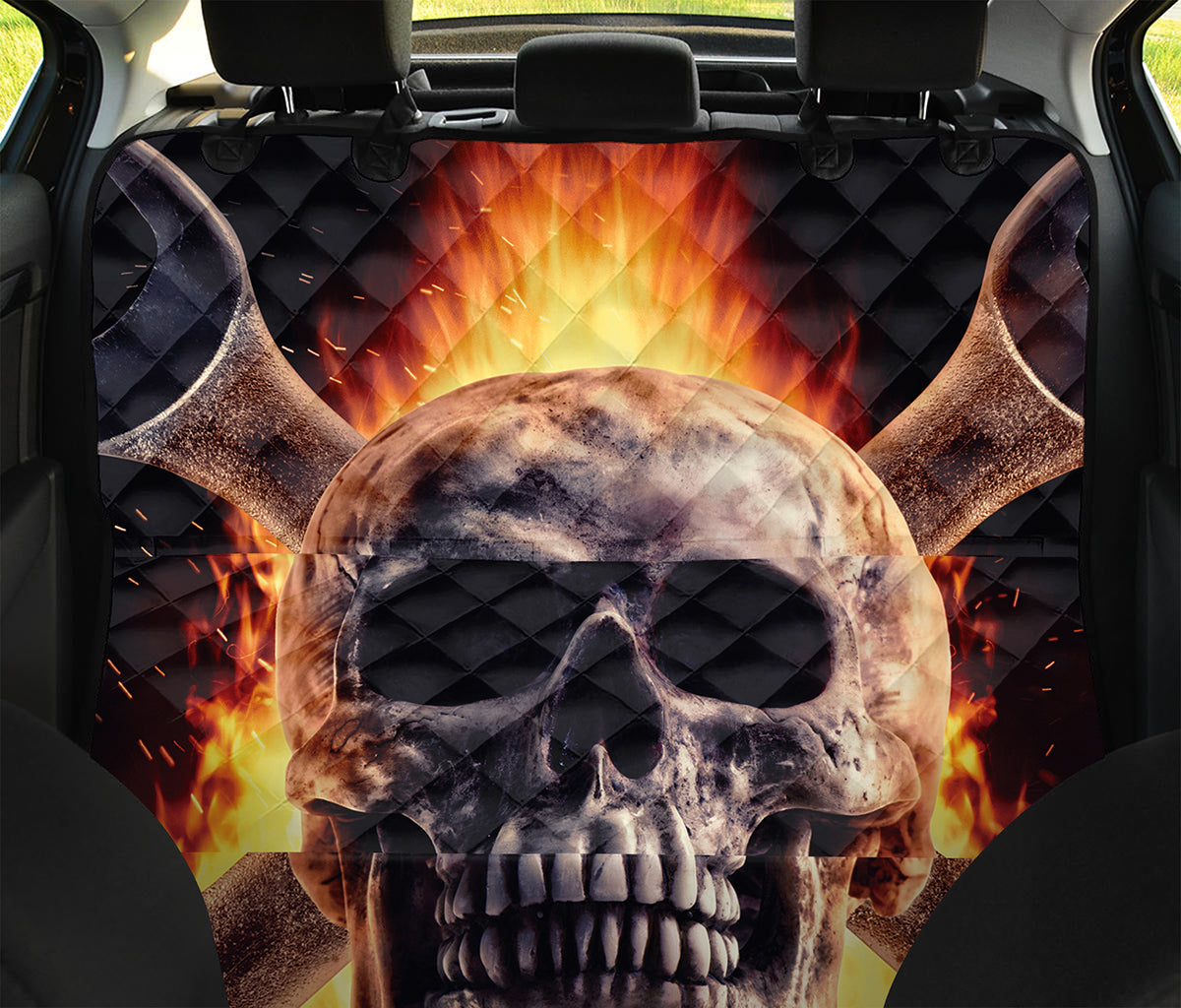 Flaming Skull And Cross Wrench Print Pet Car Back Seat Cover