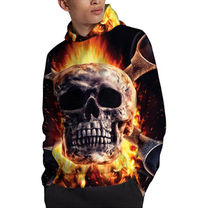 Flaming Skull And Cross Wrench Print Pullover Hoodie