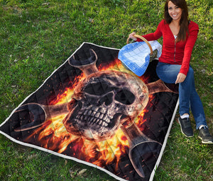 Flaming Skull And Cross Wrench Print Quilt