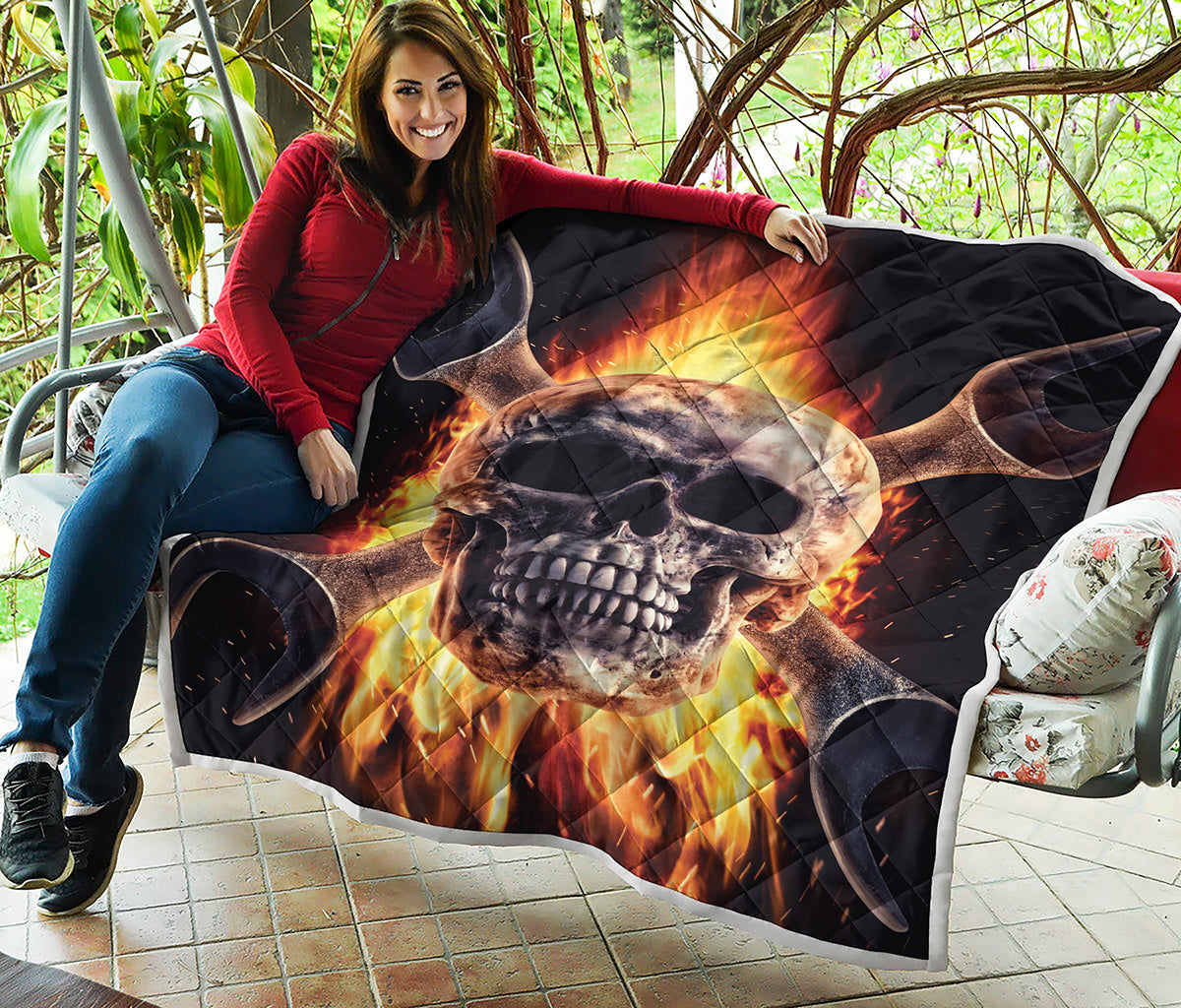 Flaming Skull And Cross Wrench Print Quilt