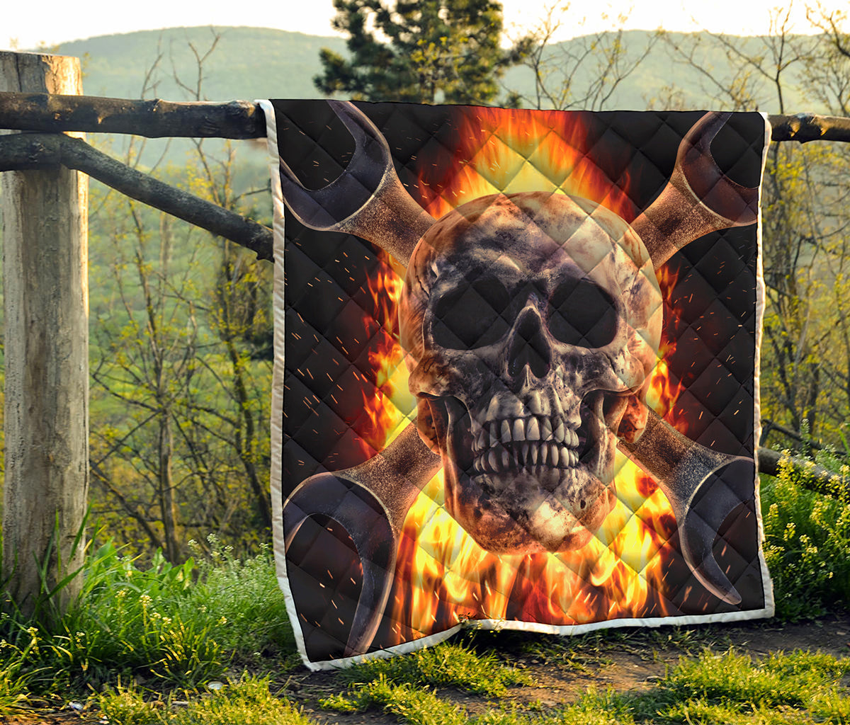 Flaming Skull And Cross Wrench Print Quilt