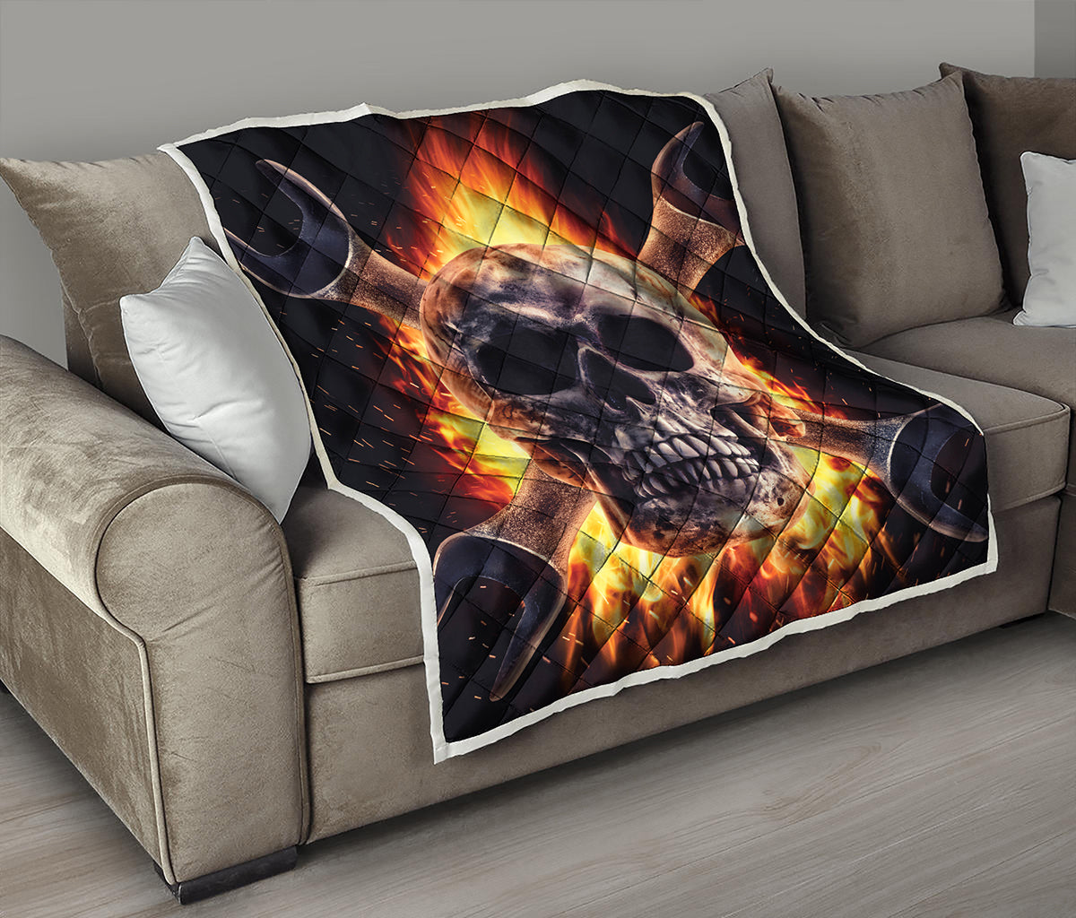 Flaming Skull And Cross Wrench Print Quilt