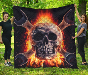 Flaming Skull And Cross Wrench Print Quilt