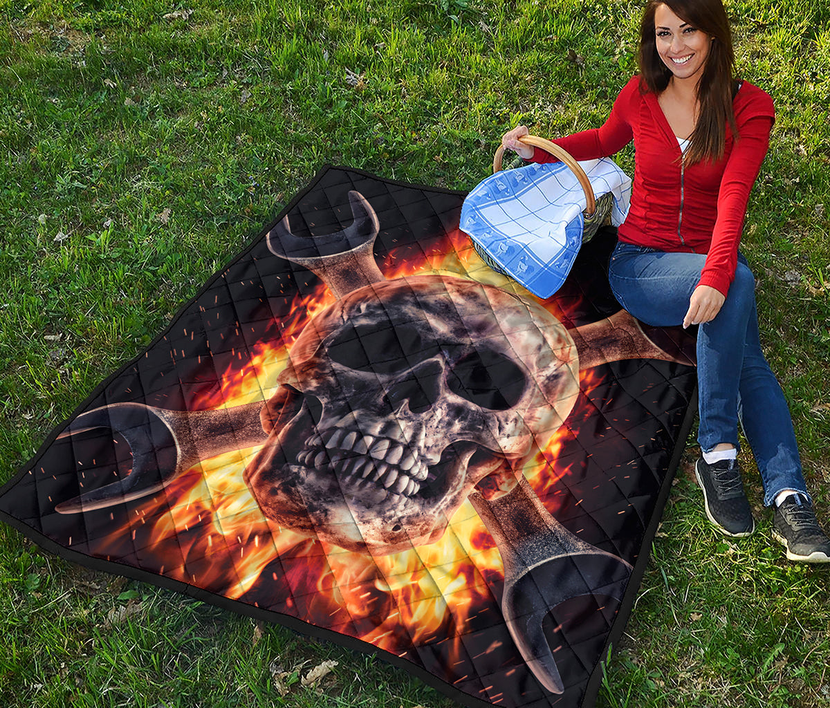 Flaming Skull And Cross Wrench Print Quilt