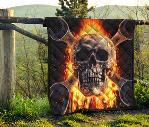 Flaming Skull And Cross Wrench Print Quilt