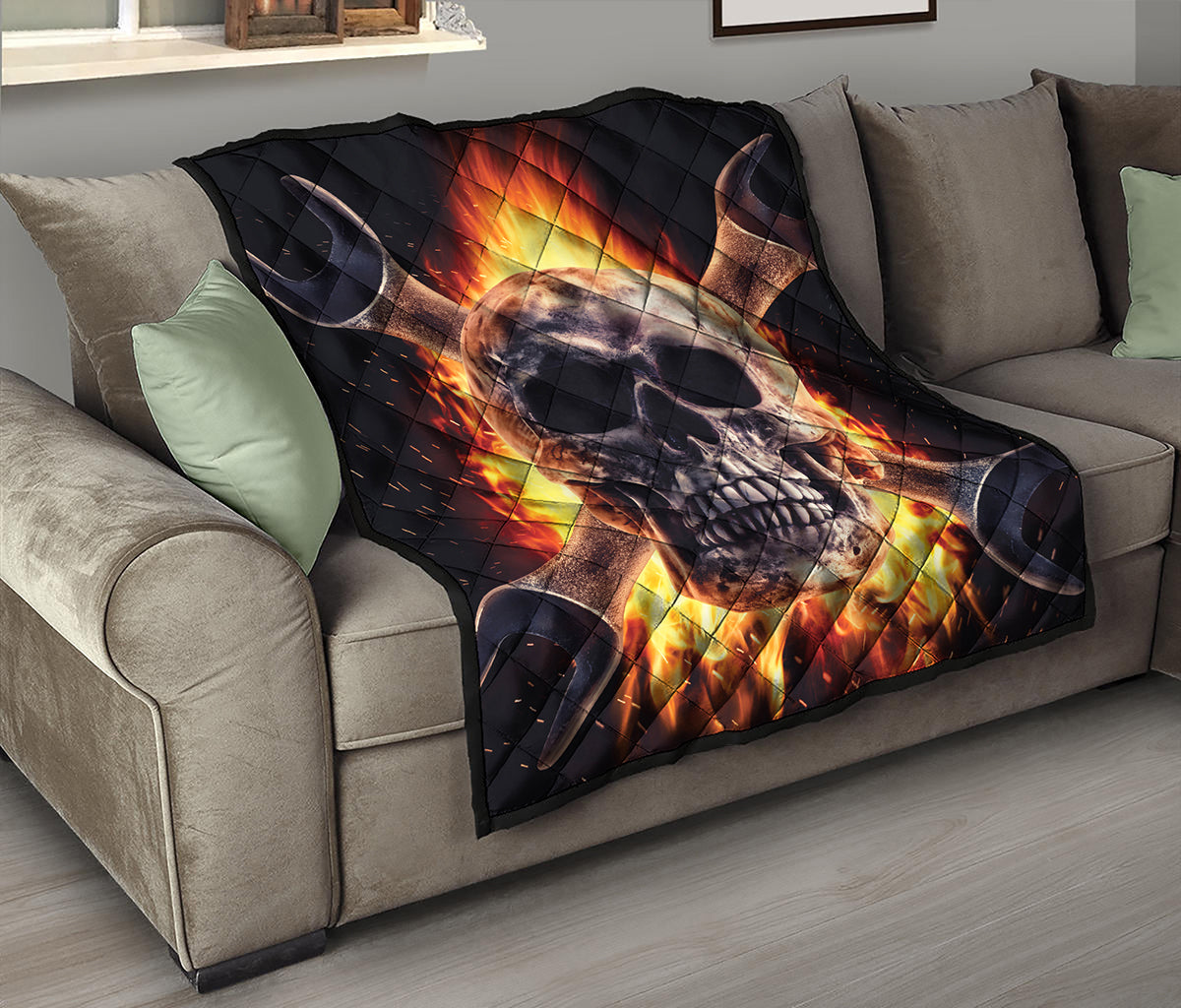 Flaming Skull And Cross Wrench Print Quilt