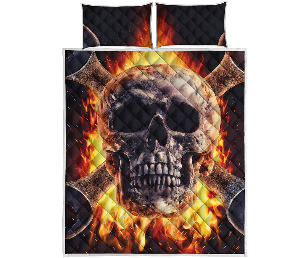 Flaming Skull And Cross Wrench Print Quilt Bed Set