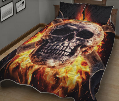 Flaming Skull And Cross Wrench Print Quilt Bed Set
