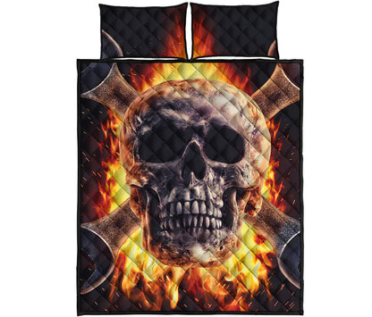 Flaming Skull And Cross Wrench Print Quilt Bed Set