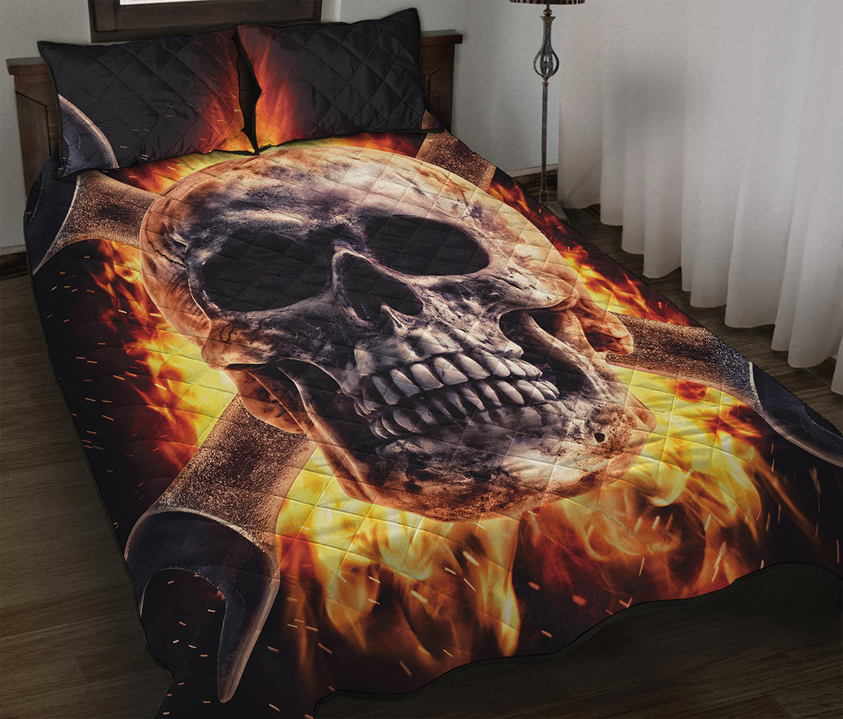 Flaming Skull And Cross Wrench Print Quilt Bed Set