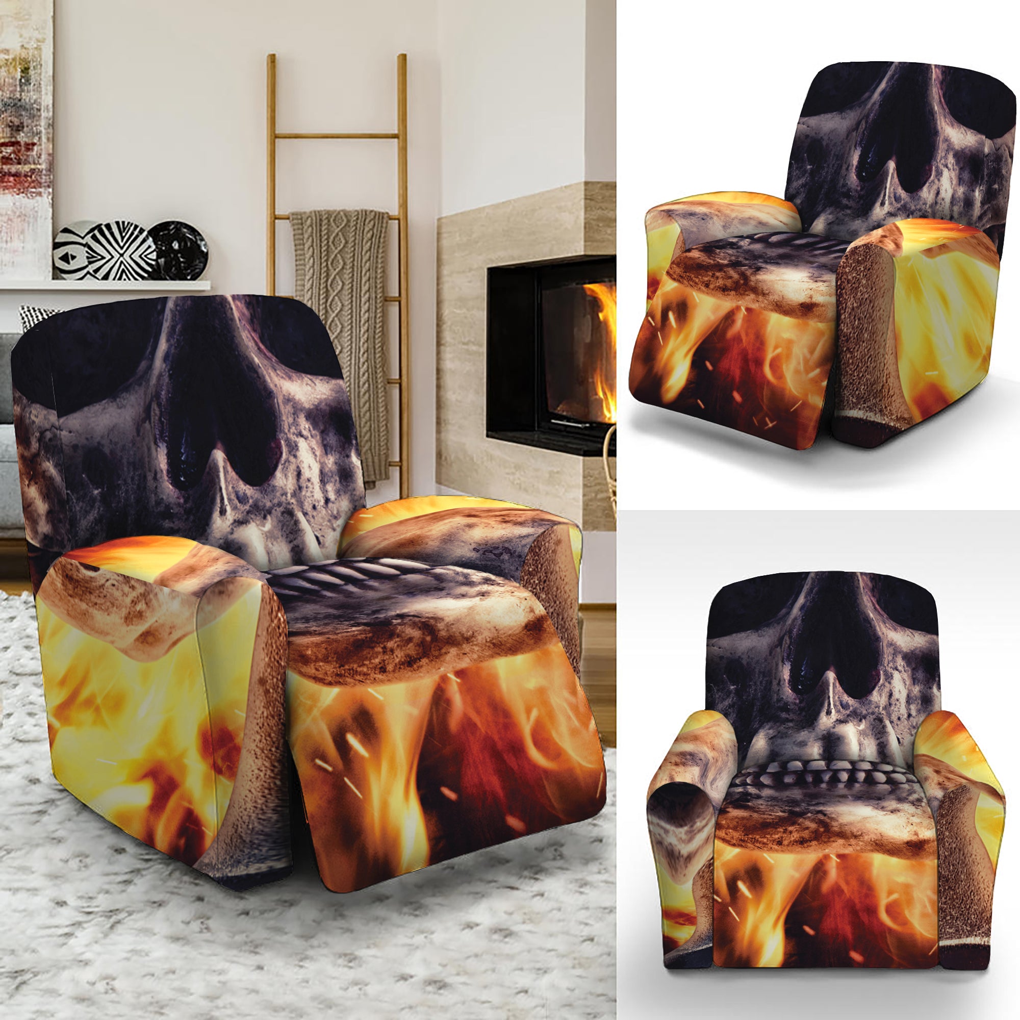 Flaming Skull And Cross Wrench Print Recliner Slipcover