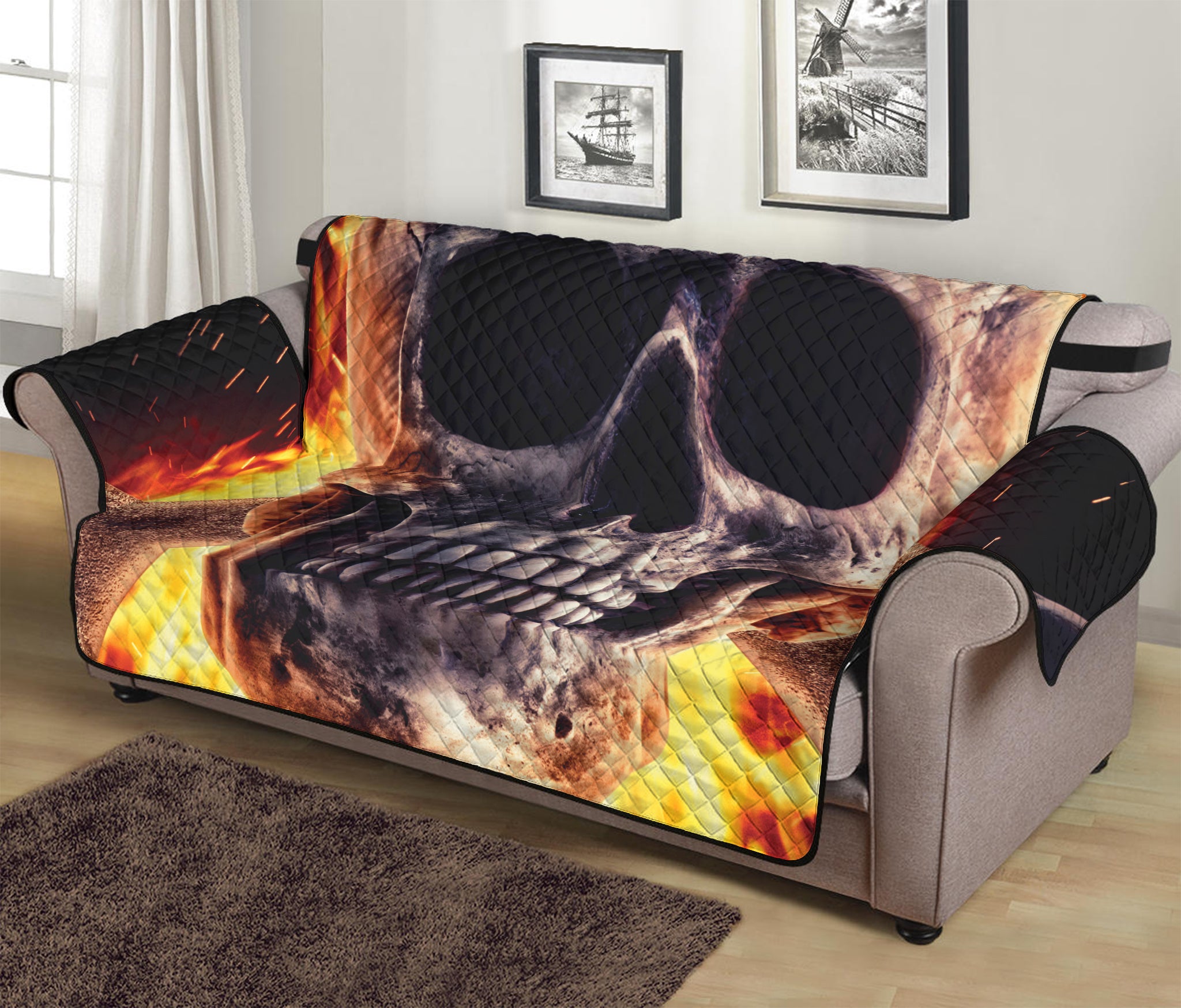 Flaming Skull And Cross Wrench Print Sofa Protector