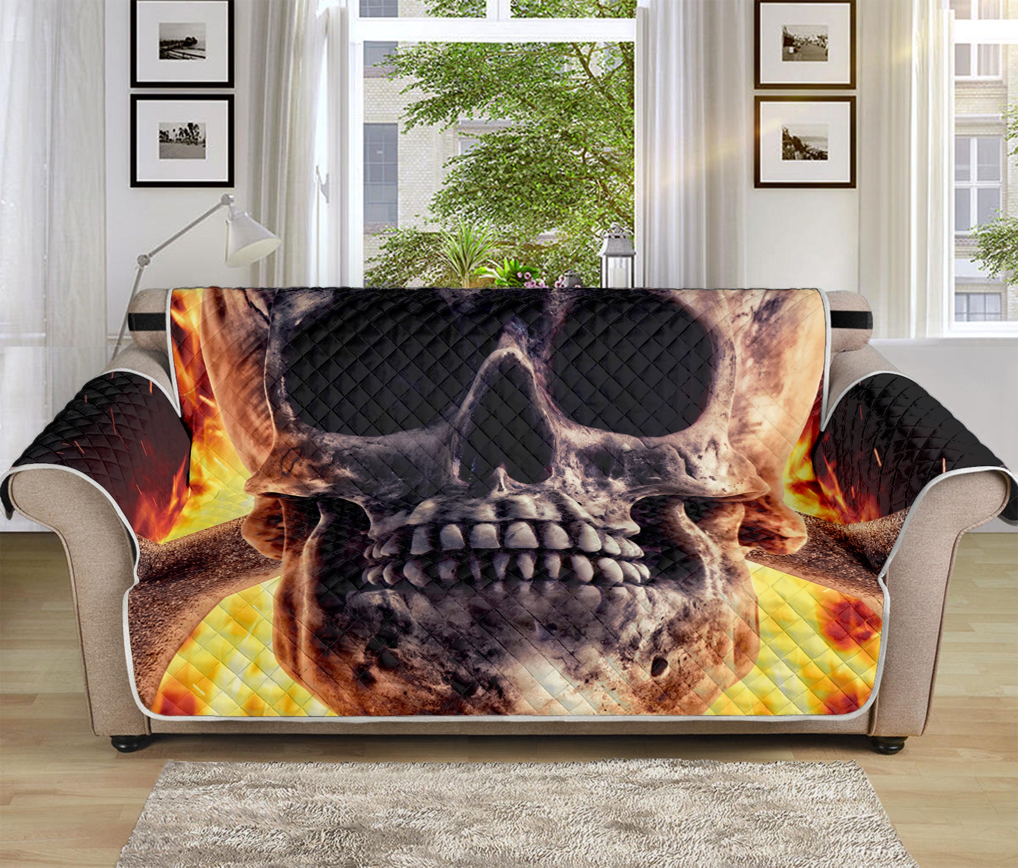 Flaming Skull And Cross Wrench Print Sofa Protector